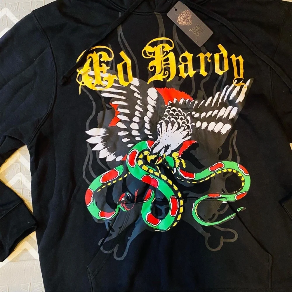 Ed Hardy Black Hoodie with Vibrant Graphic
